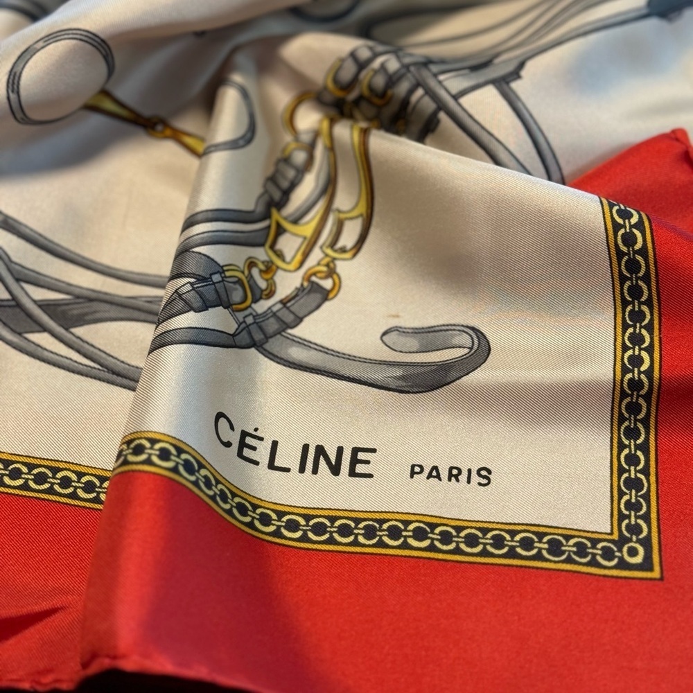 Celine Vintage 100% Silk Scarf Red Cream Gold - Picture 2 of 9